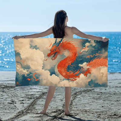 Serviette de plage totem dragon chinois, surdimensionnée en microfibre de bain léger et à séchage rapide pour femme, couverture de voyage, cadeau essentiel pour les amis et la famille, 36 x 72 po, et un sac en toile de style chinois gratuit est inclus