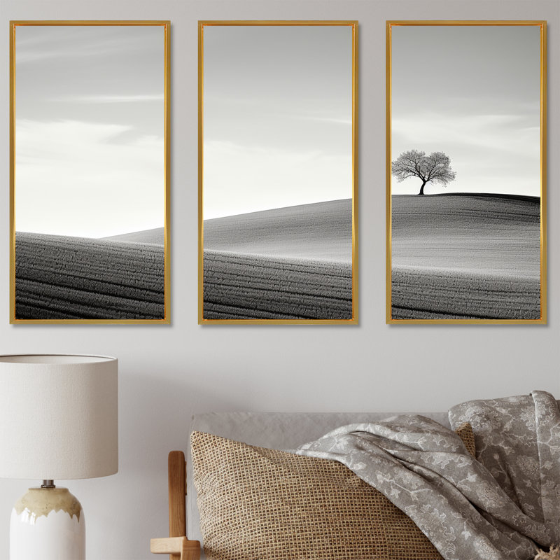 Minimalisme paysage campagne I - ensemble de décoration murale campagne, Cadre flottant doré, H 40 po x l 60 po x P 1 po