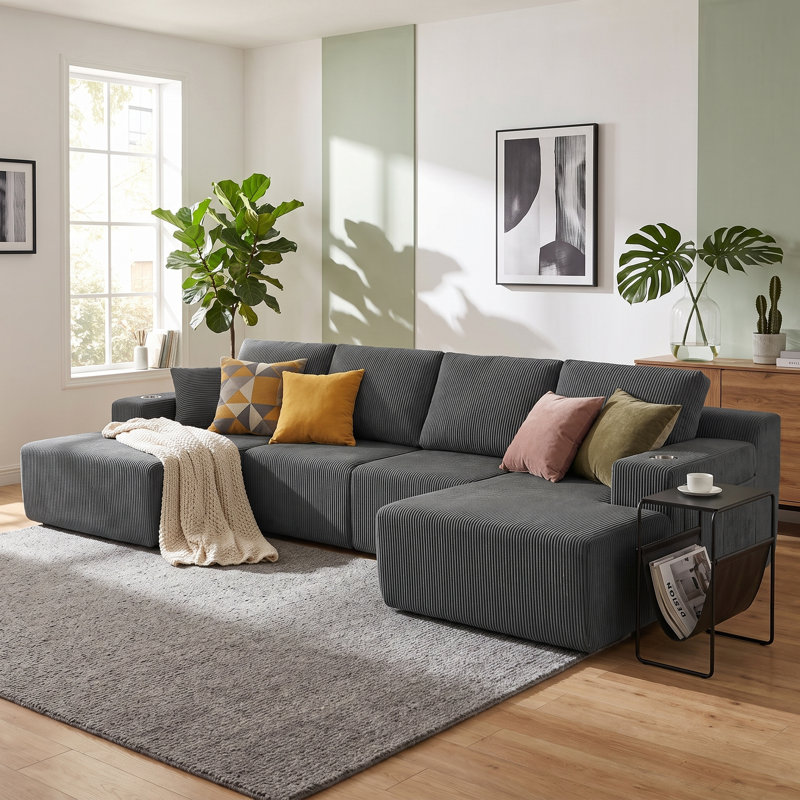 Canapé modulaire en U avec méridienne Denelle, Gris