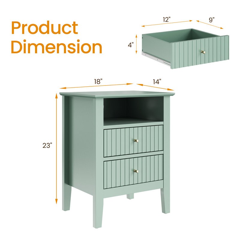 Philomena 2 Drawer Nightstand, Green without charge station