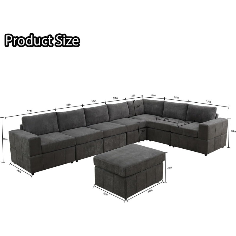 Kerby Microfiber 8-Piece 157" Revisable Sectional With Ottoman, 36" H x 157" W x 36" D