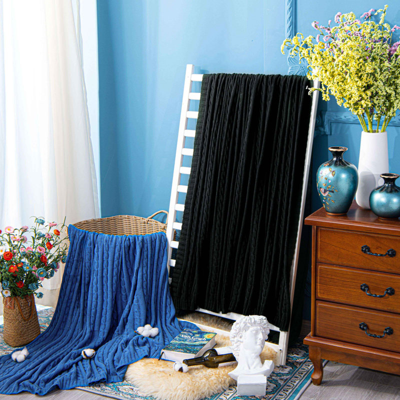 Plaid tricoté, 100 % coton pur, lavable à la machine, L 80 po x l 60 po, Noir