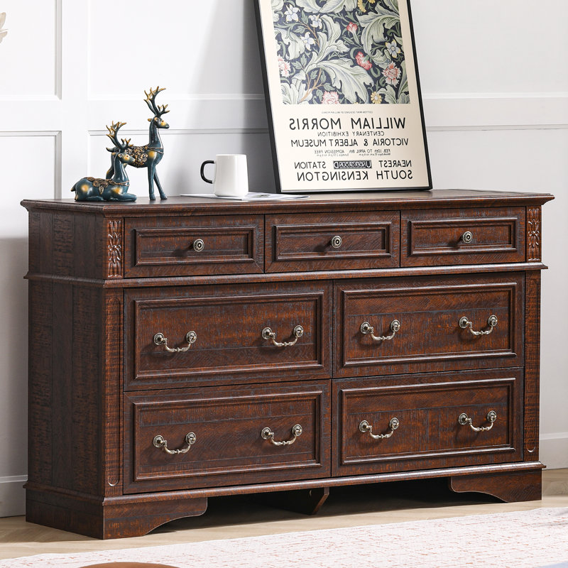 Ensemble de chambre à coucher 4 pièces - commode 7 tiroirs, commode haute 6 tiroirs et 2 tables de chevet, Marron foncé