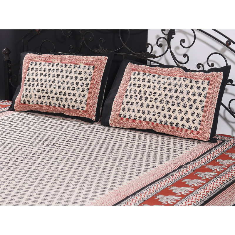 Beige Jaipuri Bagru Print 100% Cotton Queen Size Bedsheet Set – Indian Butti Floral Motif, Elephant Border, 2 Pillow Covers, Traditional Handmade Bedding