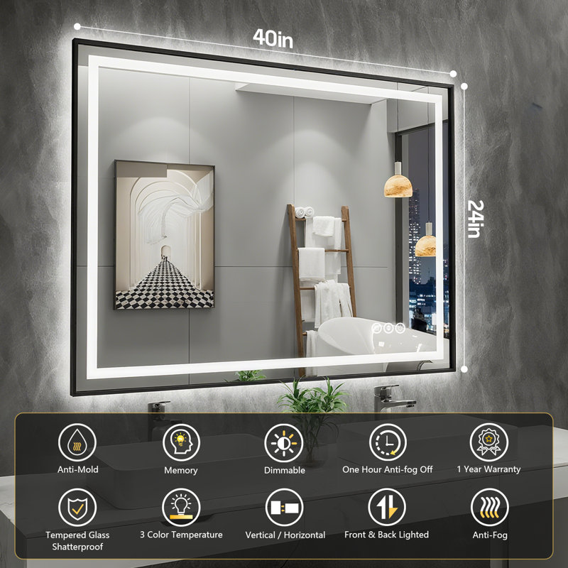 Adorna UL Certified Dimmable LED Bathroom Mirror with 3-Color Lighting, Anti-Fog & Sleek Black Frame, 40" x 24"