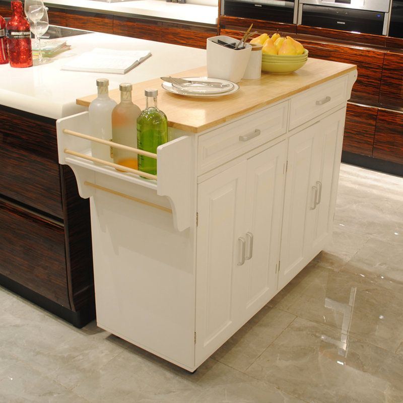 Îlot de cuisine mobile durable avec plateau en bois d'hévéa et tablettes réglables pour un rangement polyvalent et une mobilité facile dans toute cuisine