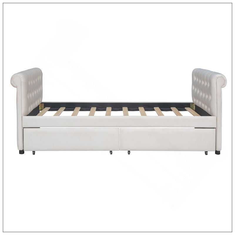 Lit de jour simple tapissier avec tiroirs, support en lattes de bois