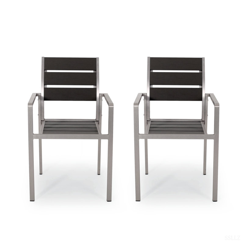Chaise de salle à manger d'extérieur moderne en aluminium avec siège en faux bois (ensemble de 2), gris et argent