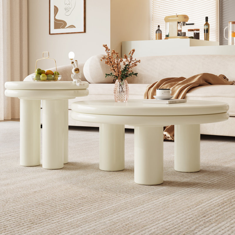 Round Coffee Table Set,Modern Nesting Coffee Table,Cream White 2 In 1 Living Room Coffee Table