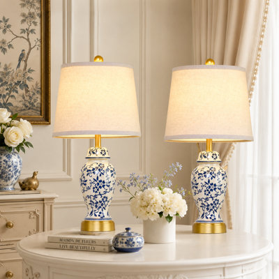 Set of 2 Traditional Chinoiserie Table Lamps with Blue Porcelain Ceramic Bodies and Gold Accents, Classic Lighting for Bedrooms, Entryways and Living Rooms with 2 LED Bulbs Included