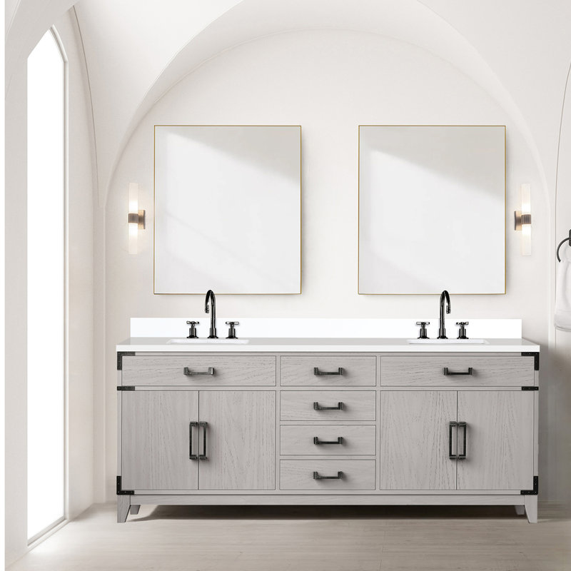 Meuble-lavabo double en chêne blanc avec comptoir en marbre de culture fine et miroirs - comptoir de 80 po x 22 po et comptoir de 36 po