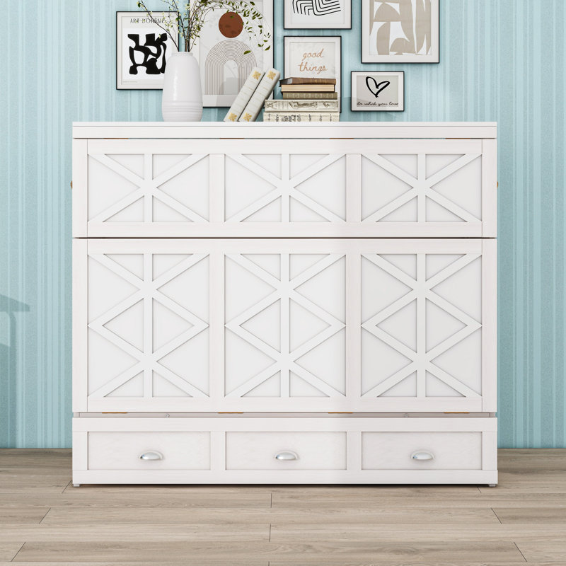Lit escamotable double avec tiroirs de rangement et prises USB et prises intégrées, Blanc brossé
