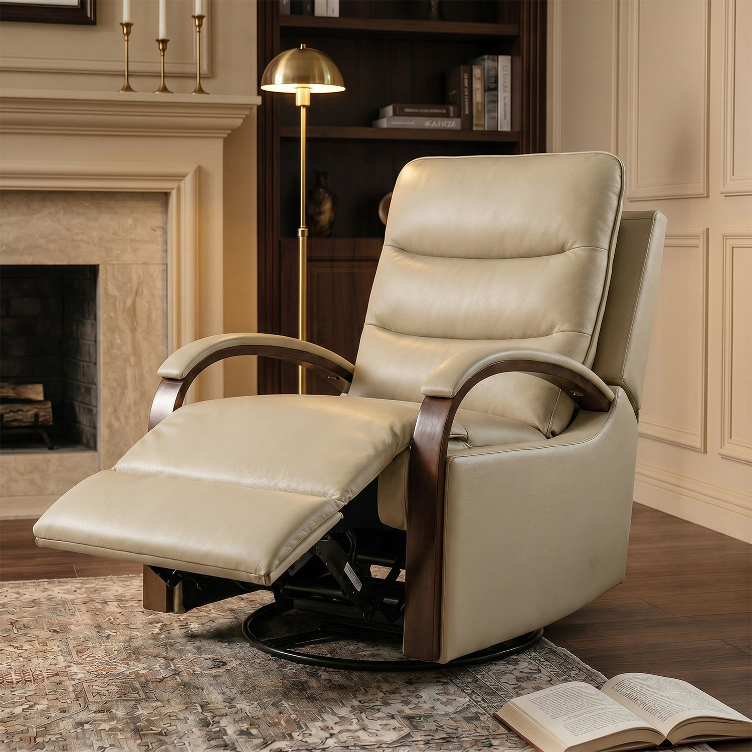 Azilda 29" Genuine Leather Manual Swivel Recliner, Beige Genuine Leather