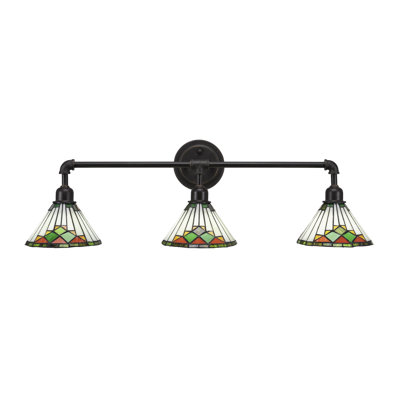 Vintage 3 Light Bath Bar Shown In Dark Granite Finish with 7" Green Sunray Art Glass