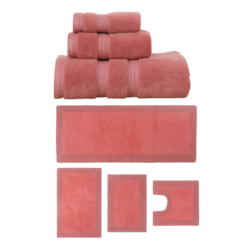 Buariki Collection 100% Soft Cotton 3 Pc Towel Set & 4 Pc Bath Rug Set, (Set of 7) Reversible, Coral