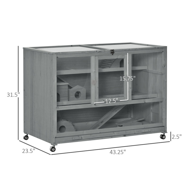 Cage à hamster en bois gris foncé à 3 niveaux avec cage et échelle