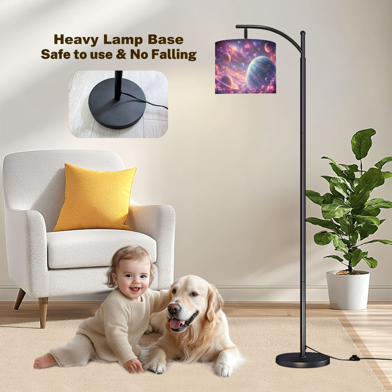  Lampe sur pied à arc Arc scène surréaliste, planètes vibrantes, galaxies, cœurs flottants, grande lampe sur pied moderne, abat-jour réglable en lin, 3 températures de couleur