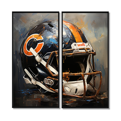 Casque de football américain rétro noir et orange I - décoration murale moderne bleue 2 pièces