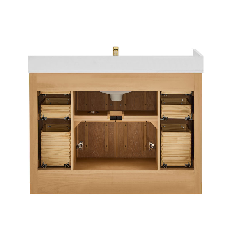 Meuble-lavabo simple 48 po Carrasco en chêne naturel brun avec plateau en pierre de quartz blanc soyeux, Or brossé, 48"