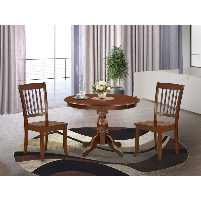 L'ensemble de 3 tables de salle à manger modernes comprend une table ronde en bois avec piédestal et 2 chaises de salle à manger, 42 x 42 pouces, lin blanc