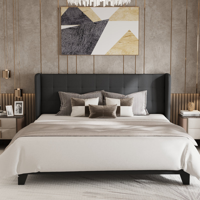 Upholstered Bed with Square Tufting and Wingback, Dark Gray, King