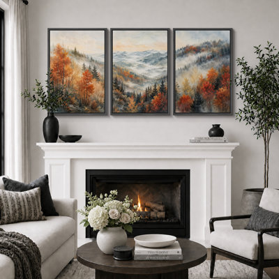 Autumn Mountain Forest Landscape Artwork, Living Room Pictures, Framed Canvas Giclee Print 3 Pieces Wall Art - 16"x24"x3pcs, 24"x36"x3pcs