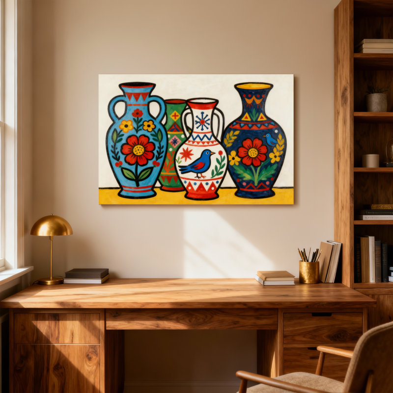 Vases colorés à la mode avec motifs floraux et oiseaux, H 12 po x l 18 po