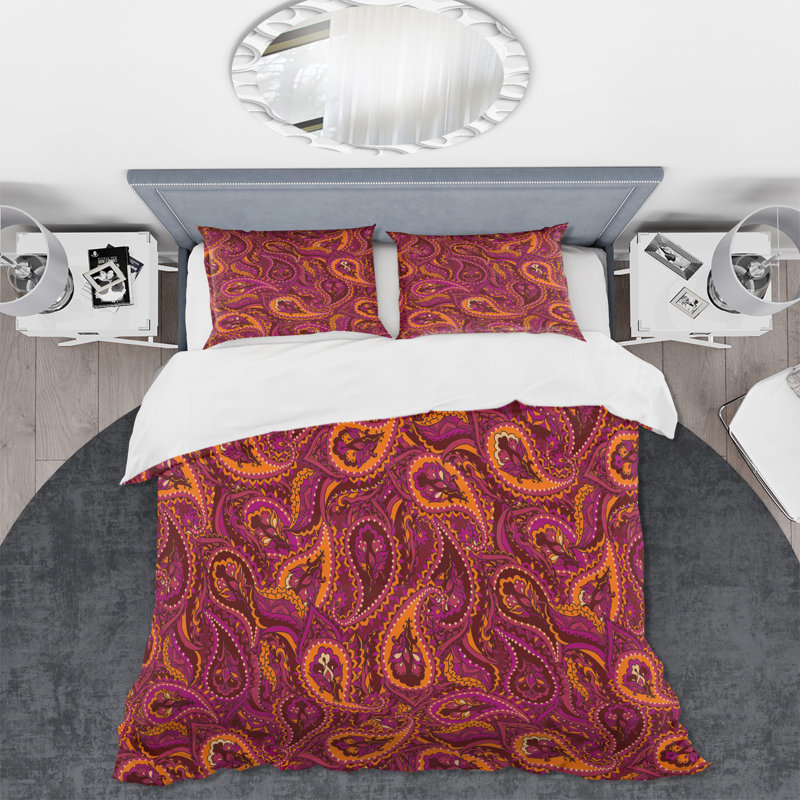 Paisley en rouge et orange - Ensemble de housse de couette bohémien - Microfibre de polyester