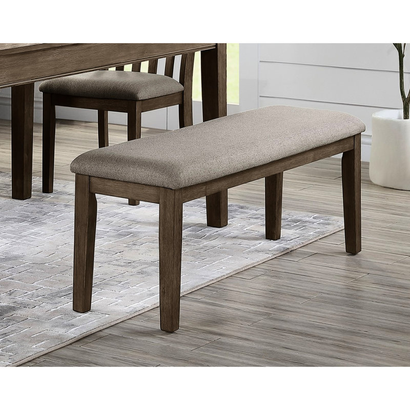 Gray Fabric Covered Bench With Wire Brushed Brown Wooden Frame For Dining Room Use Cozy Upholstery, Brown