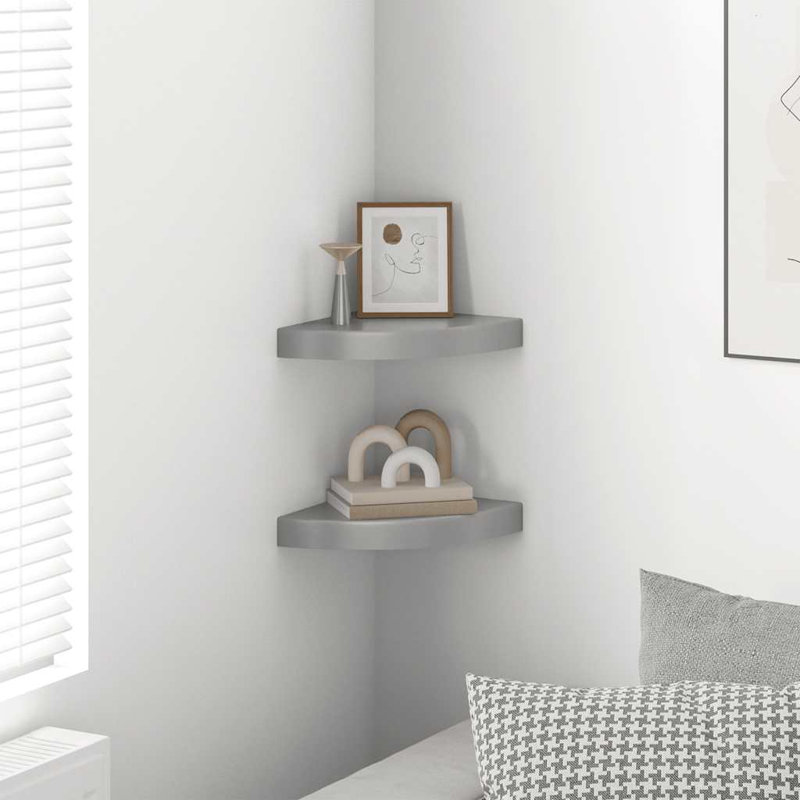 Corner Shelf Set of 2 Gray Honeycomb MDF Metal 9.8 x 9.8 in Modern Corner Shelves, Gray, 1.5" H x 9.8" W x 9.8" D
