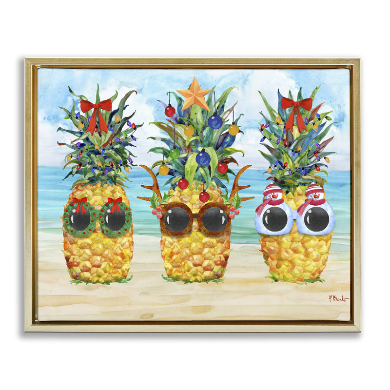 «Christmas Cool Pineapples», art mural encadré flottant doré par Paul Brent, Cadre flottant métallique doré