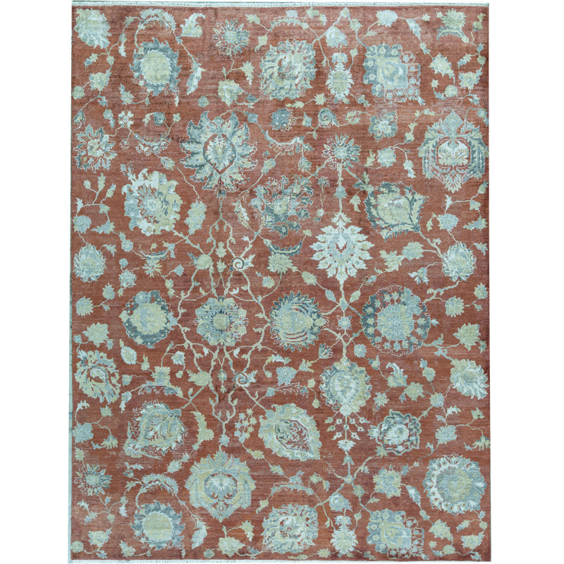 Wool Floral Area Rug in Rust/Blue