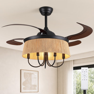 48" Boho Ceiling Fan with Light Kit, Woven Rope Shade Farmhouse Ceiling Fan with Remote Control, Quiet Reversible DC Motor