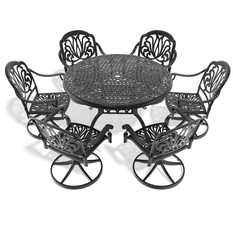 Ensemble de salle à manger 7 pièces en fonte d'aluminium toutes saisons, comprenant 6 chaises pivotantes et une table ronde de 48,03 po avec structure noire