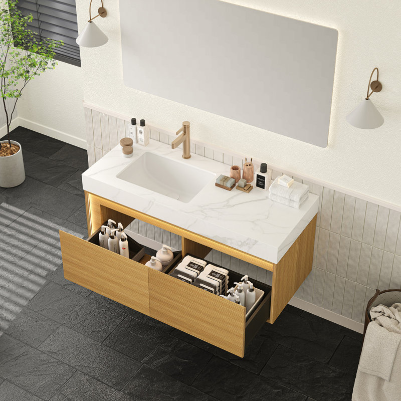 Meuble-lavabo de 48 po pour salle de bain, armoire de rangement flottante ultra-mince en contreplaqué, tiroirs avec capteur de lumière, vasque encastrée en céramique frittée Carrara, pré-assemblée