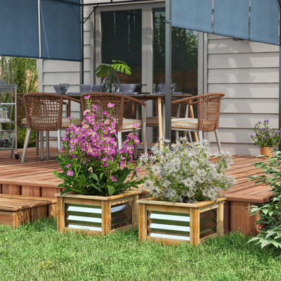 Raised Garden Bed Pair, Outdoor Galvanized Metal & Wood Planter, Plant Different Categories Of Plants, Self-Draining, 17.46Lx17.46Wx11.55H Planter Box, Grow