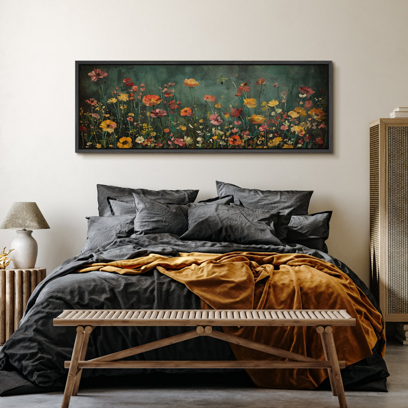 Moody Green Wildflower Florals Modern Decor Extra Large Pictures Framed Canvas Print Wall Art, 20" H x 60" W, Black