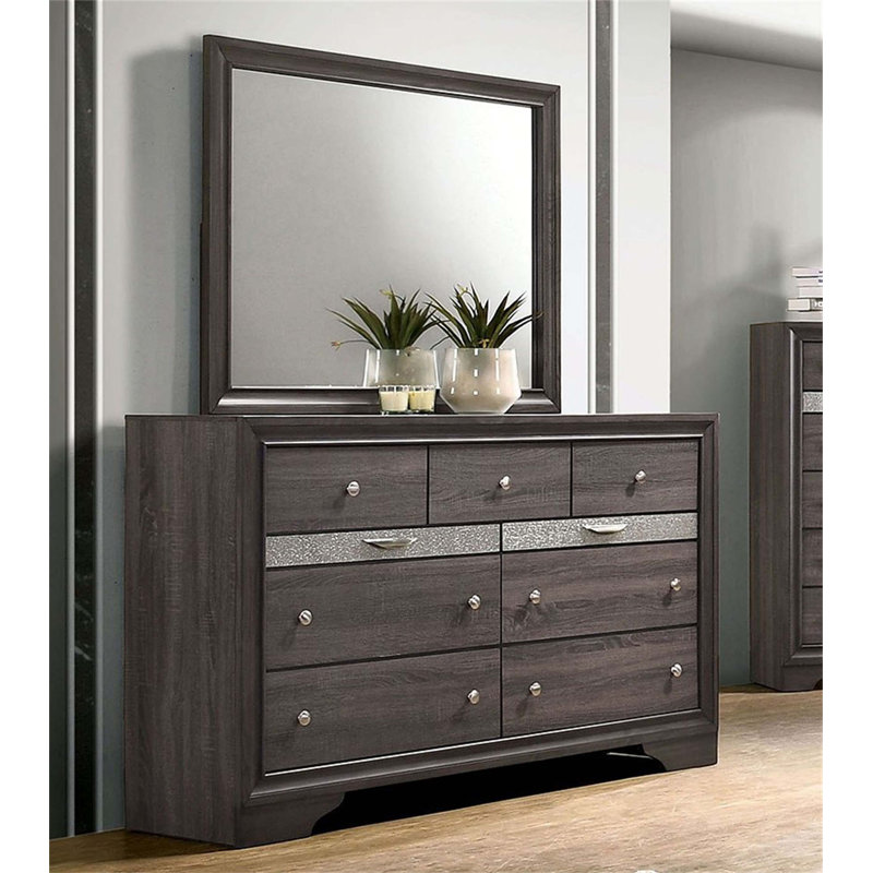 Ensemble de commode avec miroir avec tiroir à bijoux caché, fabrication en queue d'aronde anglaise, boutons ronds pour l'élégance de la chambre à coucher