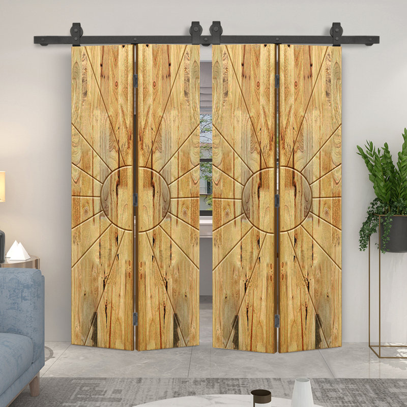 Porte de grange double pliante en bois de pin teinté avec quincaillerie coulissante, 60 po x 80 po, Chêne vieilli