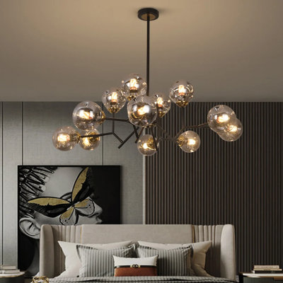 12 Light Black Chandelier Modern Pendant Light with Smoky Gray Globe Glass Shade, Multi-Directional Lighting, Iron and Glass Frame, Rod Suspension for Living Dining Kitchen, E26 Base, Hardwired