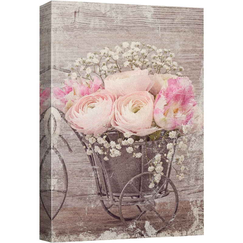 «Retro Vintage Faded Pink Roses In Tr chariot», impression botanique sur toile