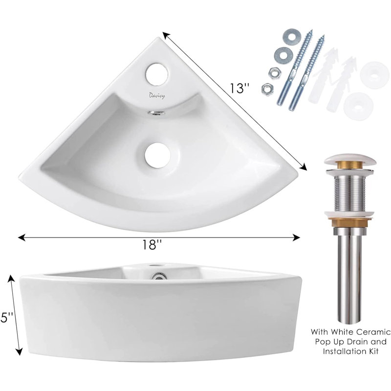Lavabo de salle de bain mural en céramique blanc 13,5 "avec trop-plein Davivy