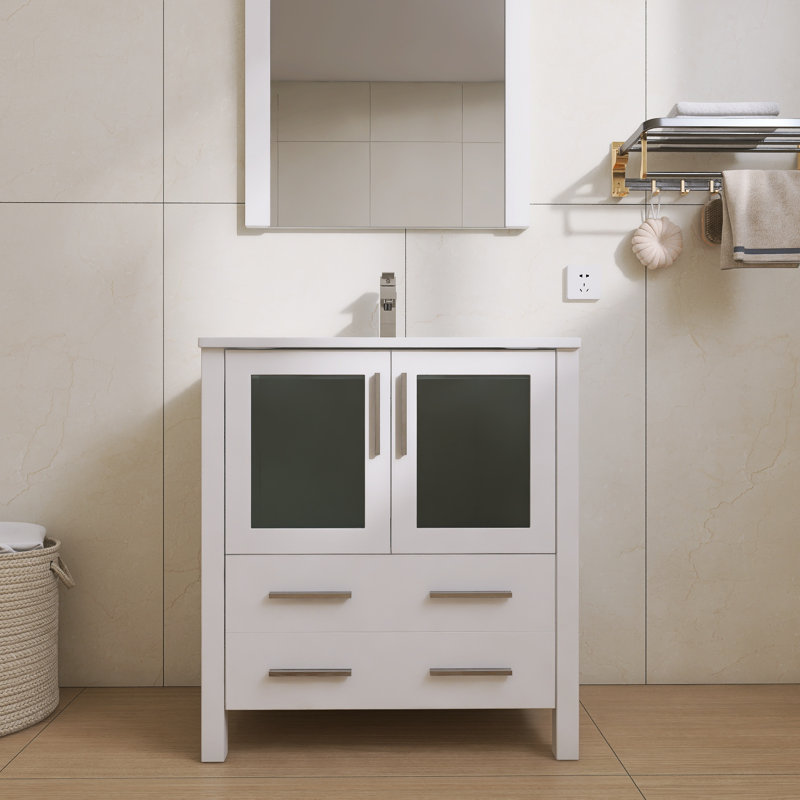 Meuble-lavabo simple 30 po avec lavabo en céramique et portes et tiroir à fermeture en douceur - Structure en bois massif et conception facile à nettoyer