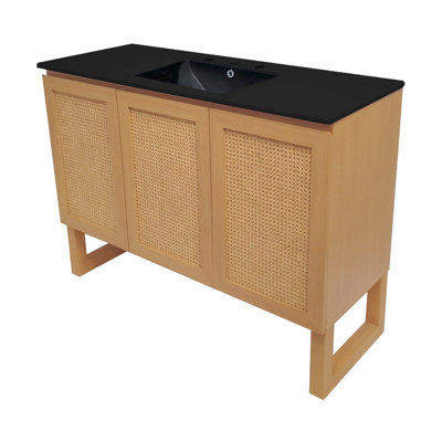 Arles Meuble-lavabo en chêne naturel avec comptoir en céramique noir à 3 trous