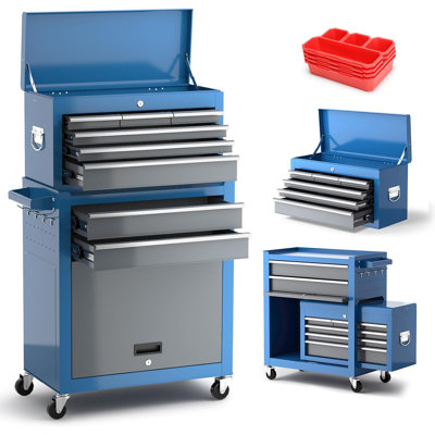 8-Drawer Rolling Tool Chest with Wheels, Detachable Top Tool Box, Heavy Duty Garage Workshop Storage Cabinet with Side Hooks, Liners & Divider Tray, Blue