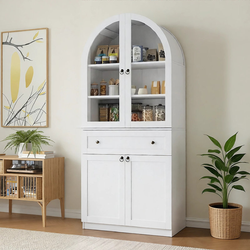 Vitrine de rangement arquée de 70,5 po de hauteur avec portes en verre et tablettes ajustables, Blanc