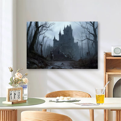 Misty Gothic Castle With Spires And Stone Staircase, Large Gallery Wrapped Canvas Wall Art Print for Living Room & Bedroom