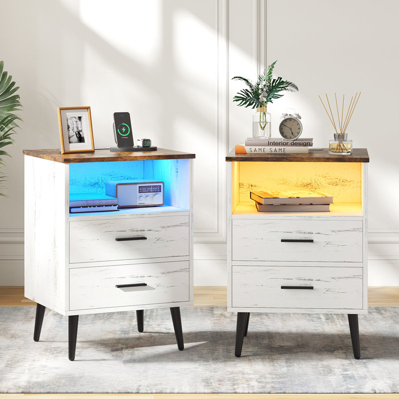 17.7" W 2-Drawer LED Nightstand, White/Brown/Black