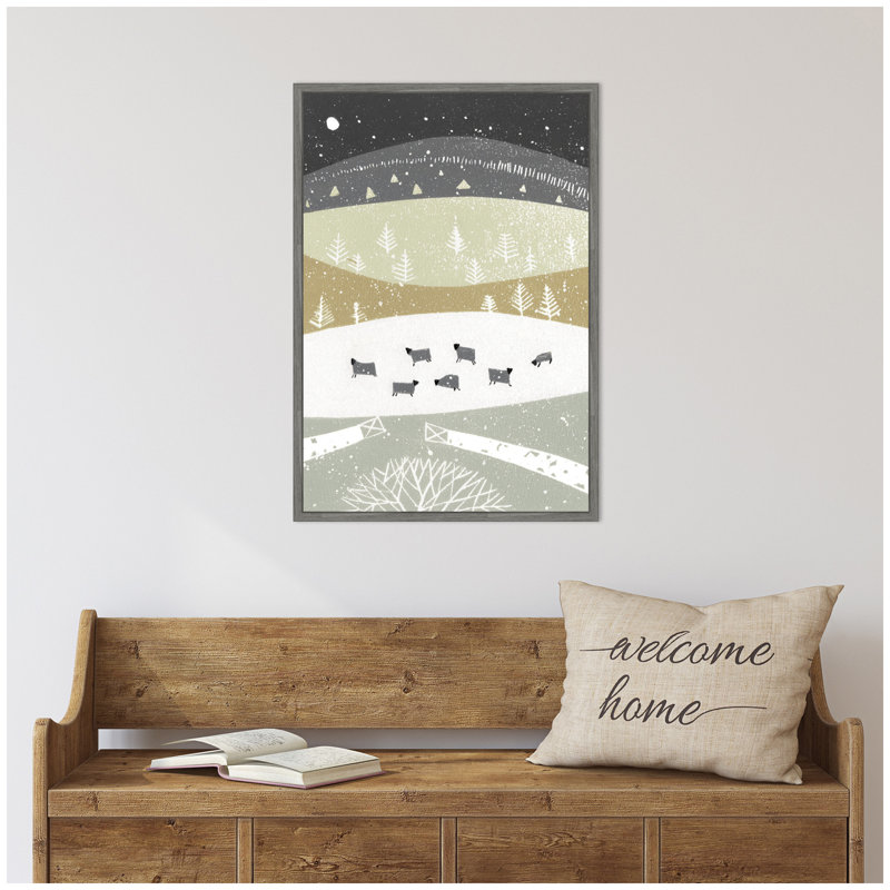 «Folk Dales Snow Linocut» par Giuliana Lazzerini, reproduction d'art sur toile encadrée