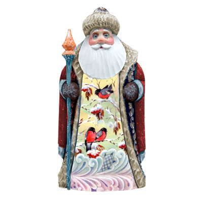 Wood Carved Winter''s Morning Bird Chirping Santa Figurine By G.Debrekht